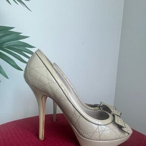 Dior Cream Peep-Toe Pumps with Black Patent Bow Accent